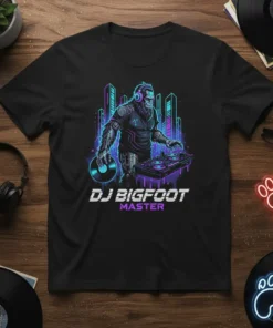 DJ Bigfoot Master t-shirt design featuring Bigfoot as a DJ with neon city background and vinyl records