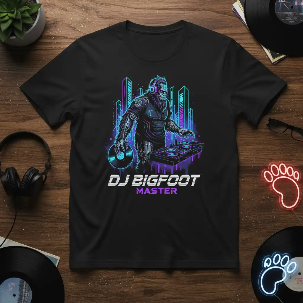 DJ BIGFOOT MASTER stylish graphic printed on quality cotton blend creating a standout t-shirt