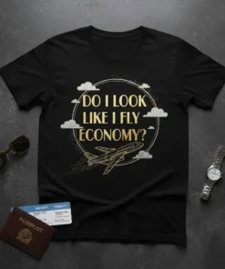 Do I Look Like I Fly Economy? text with airplane graphic on a black t-shirt, featuring clouds and glitter accents