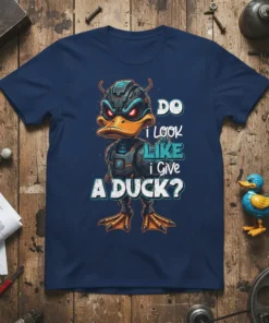 Robot duck with the quote "DO I LOOK LIKE i GIVE A DUCK?" printed on a navy t-shirt
