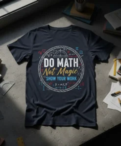 DO MATH Not Magic SHOW YOUR WORK quote on a dark navy t-shirt with mathematical symbols and a protractor graphic