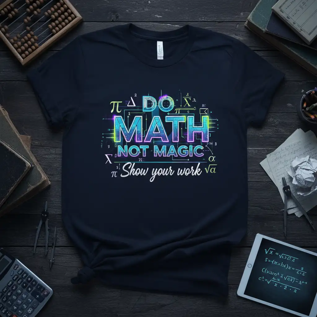 Do Math Not Magic Show Your Work quote on a dark t-shirt with colorful math symbols and equations filling the background