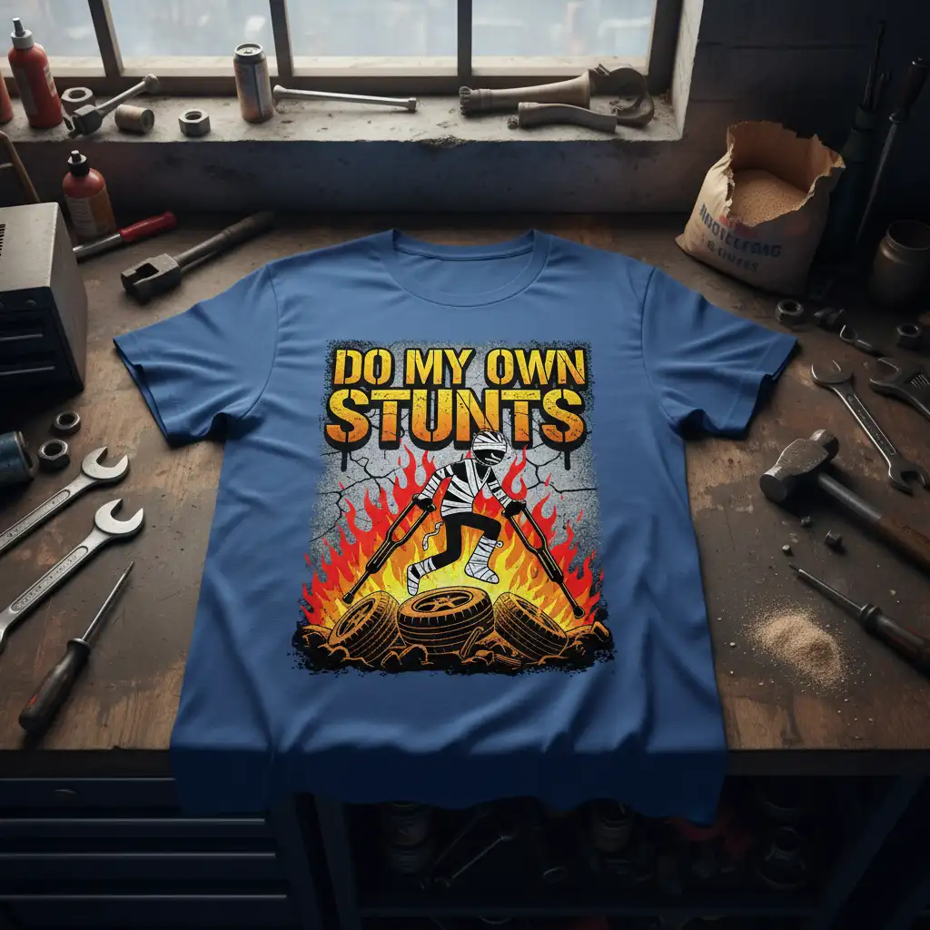 Do My Own Stunts graphic tee with a bandaged figure on crutches, tires, and flames