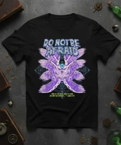 Black t-shirt with "DO NOT BE AFRAID" text above a purple multi-winged angelic creature with many eyes, referencing Luke 2:10