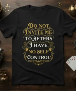 Black t-shirt with gold and white text reading "Do NOT INVITE ME TO AFTERS I HAVE NO SELF CONTROL" in