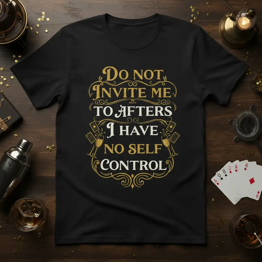 Do NOT INVITE ME TO AFTERS I HAVE NO SELF CONTROL quote on a black t-shirt with decorative card suits and champagne