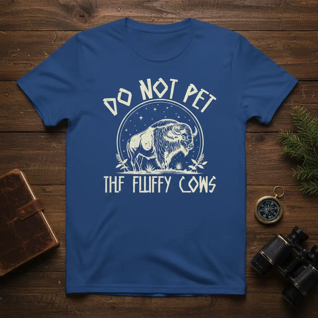 DO NOT PET THF FLUFFY COWS text with a detailed bison graphic on a blue t-shirt