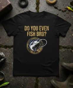 Black t-shirt with gold text "Do You Even Fish Bro?" and a graphic of a bass fish being reeled in