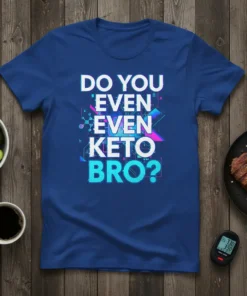 Royal blue t-shirt with "DO YOU EVEN EVEN KETO BRO?" in white and cyan text, featuring geometric graphics and a
