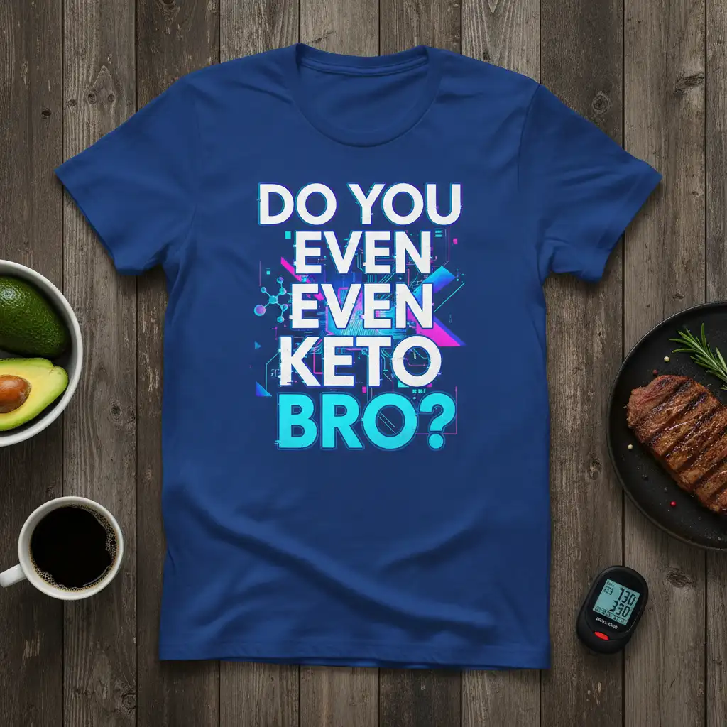DO YOU EVEN EVEN KETO BRO? text design on blue t-shirt with abstract geometric accents