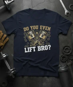 Do You Even Lift Bro? graphic t-shirt featuring pistons and text, perfect for gym and car enthusiasts