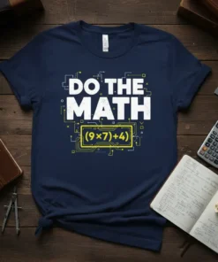 Navy t-shirt with "DO THE MATH (9x7)+4" in white and yellow text, featuring circuit board design elements