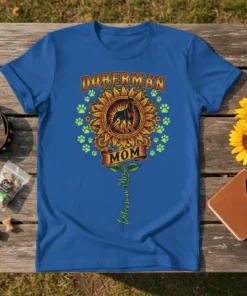 Doberman Mom Sunflower T-Shirt with Doberman silhouette, paw prints, and floral design