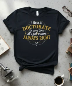 Black t-shirt with gold glitter text "I Have A Doctorate to save time Let's just assume ALWAYS RIGHT" in a