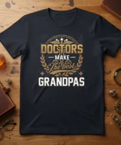 Doctors Make the Best Grandpas text with medical symbols and laurel wreath on a black t-shirt