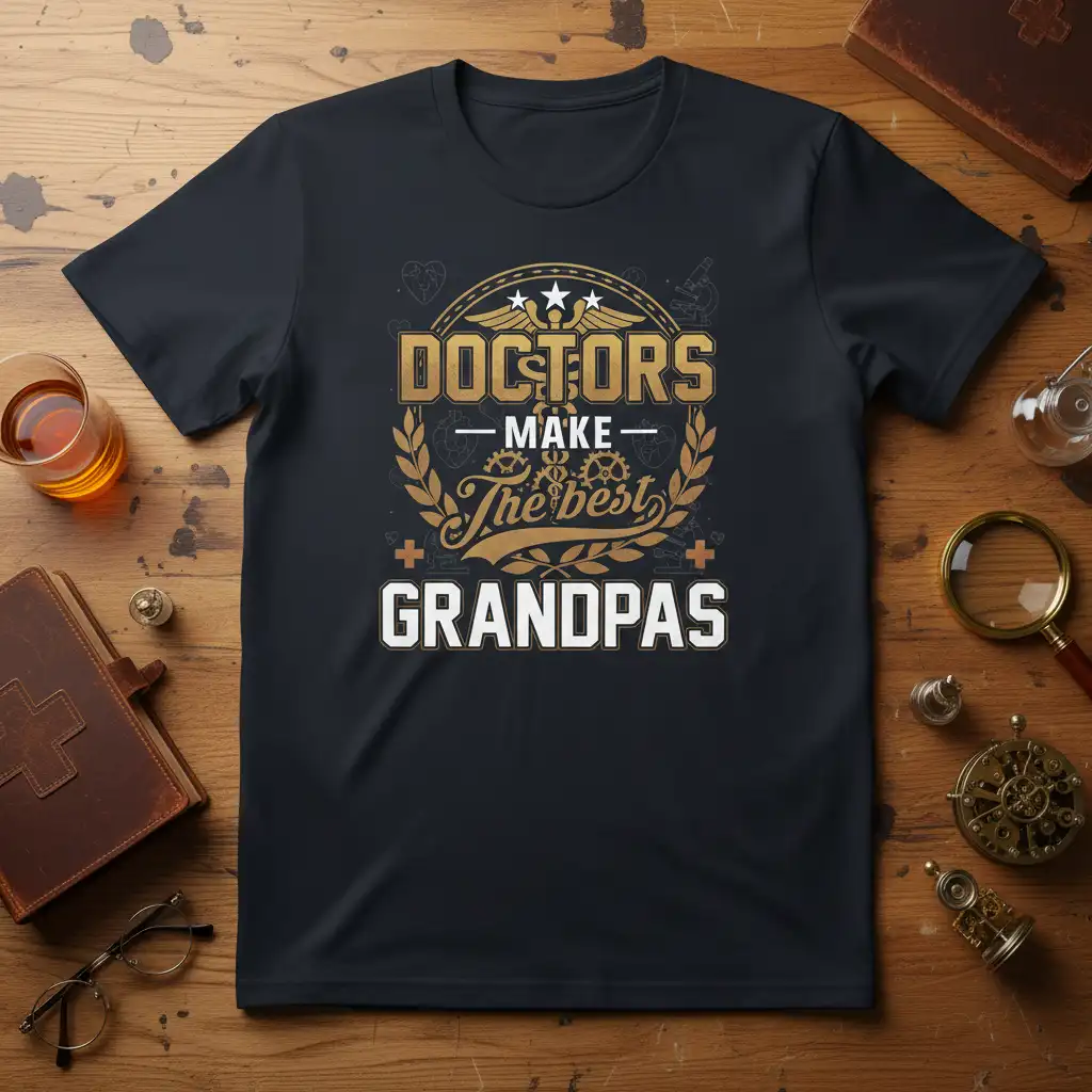 Doctors Make the Best Grandpas quote design featuring medical emblems and laurel wreath on black t-shirt