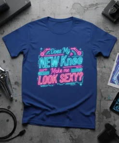 Does My New Knee Make Me Look Sexy? neon quote on a blue t-shirt, medical humor graphic