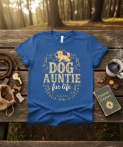 Blue t-shirt with "DOG AUNTIE fur life" text and a golden retriever graphic, set against a forest background