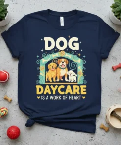 Dog Daycare Is A Work Of Heart T-Shirt featuring three cute dogs inside a decorative frame