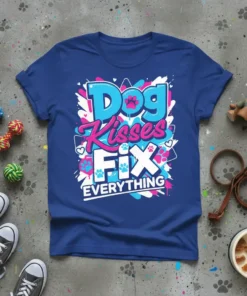 Dog Kisses FIX EVERYTHING text design with paw prints and hearts, vibrant graffiti style on a blue t-shirt