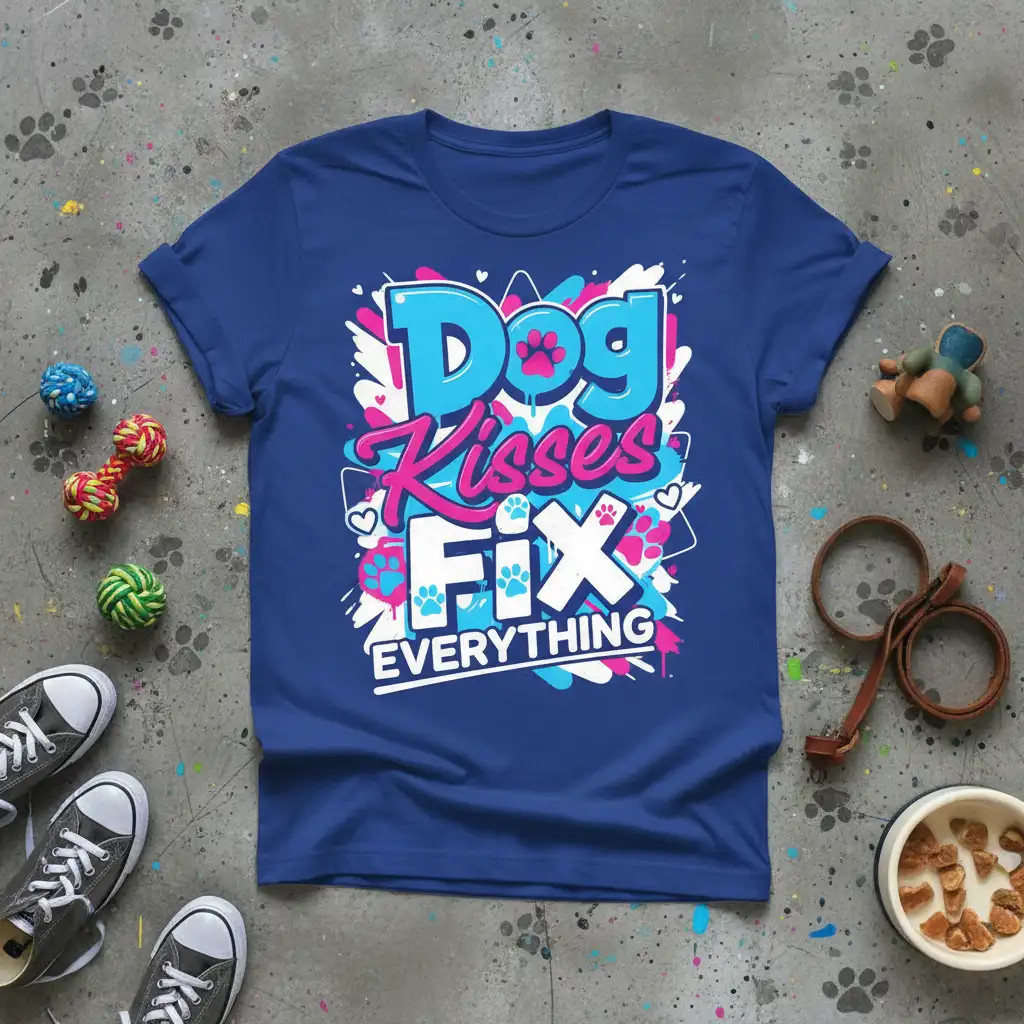 Dog Kisses FIX EVERYTHING quote with colorful graffiti and paw print graphics on a blue t-shirt
