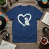 Dog wearing headphones sitting inside a heart graphic, Dog Listening Music Heart design on a blue t-shirt