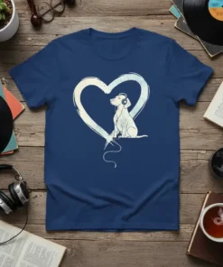 Dog wearing headphones sitting inside a heart graphic, Dog Listening Music Heart design on a blue t-shirt