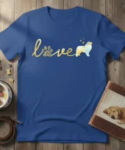 Dog Lover T-Shirt with golden retriever, paw print, and hearts in glittery gold text