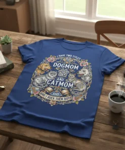 I Have Two Titles Dogmom and Catmom And I Rock Them Both text design with dog and cat graphics on