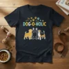 Dog-O-Holic t-shirt design featuring three dog breeds and paw prints with the text "DOG-O-HOLIC"