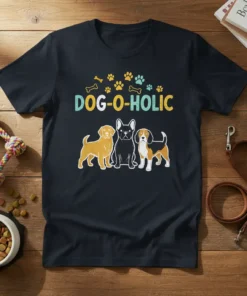 Dog-O-Holic t-shirt design featuring three dog breeds and paw prints with the text "DOG-O-HOLIC"
