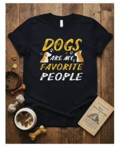 Black t-shirt with yellow and white text saying "Dogs Are My Favorite People" and dog graphics
