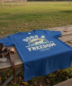 Dogs & Freedom t-shirt design with a golden retriever, mountains, and bones graphic