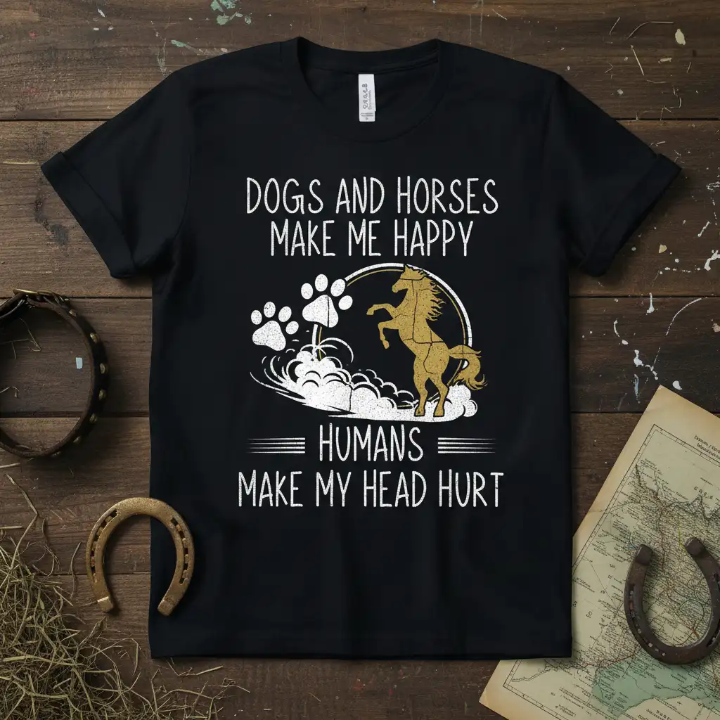 Dogs and Horses Make Me Happy Humans Make My Head Hurt quote with paw prints and horse graphic on black t-shirt