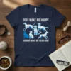 Dogs Make Me Happy Humans Make My Head Hurt quote with multiple dog illustrations on a navy t-shirt