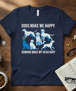 Dogs Make Me Happy Humans Make My Head Hurt quote with multiple dog illustrations on a navy t-shirt