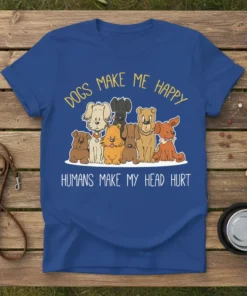 Dogs Make Me Happy Humans Make My Head Hurt t-shirt with a cartoon illustration of various dog breeds