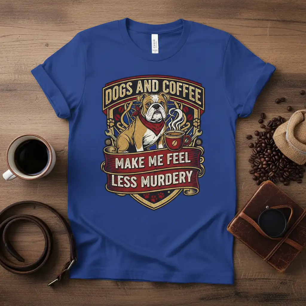 Dogs and Coffee Make Me Feel Less Murdery humorous quote on a bulldog themed t-shirt