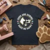 DOGS AND SEWING MAKE ME HAPPY quote with dog and sewing machine graphic on a dark t-shirt