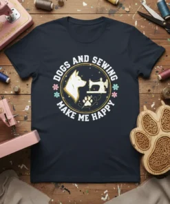 DOGS AND SEWING MAKE ME HAPPY quote with dog and sewing machine graphic on a dark t-shirt