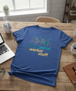 T-shirt with "doing social worker stuff" text and social work icons like hands, heart, brain, and clipboard