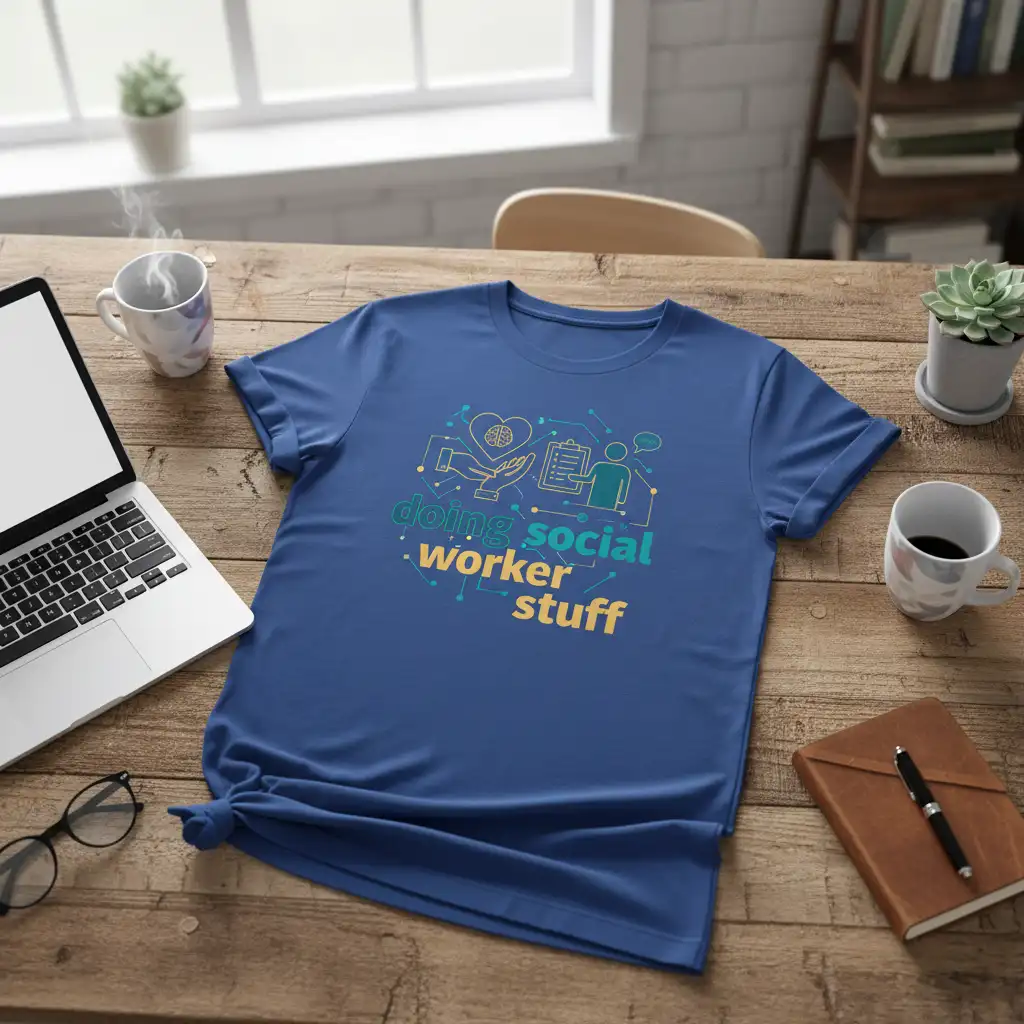 Doing social worker stuff text with icons of heart, brain, hands, clipboard, and person on blue t-shirt