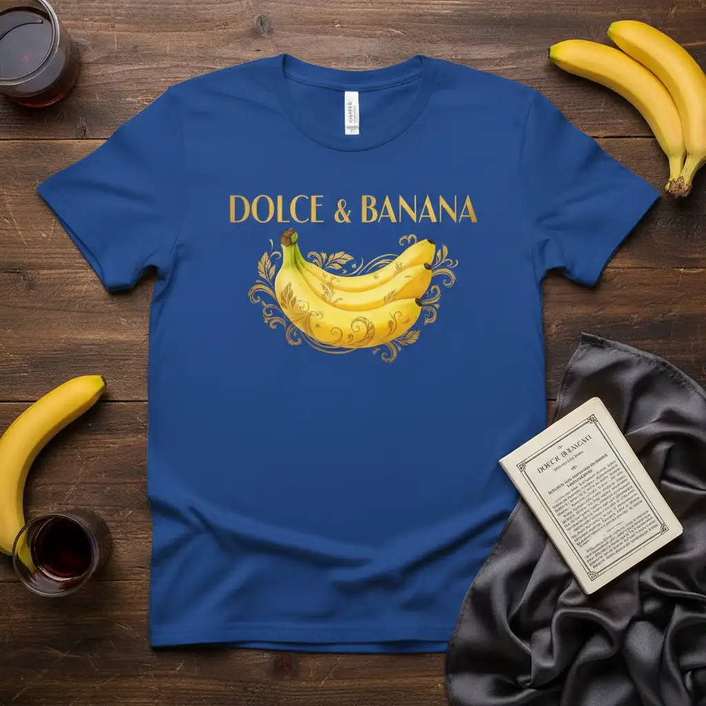 Dolce & Banana text with an ornate golden banana illustration on a blue t-shirt, perfect for food lovers