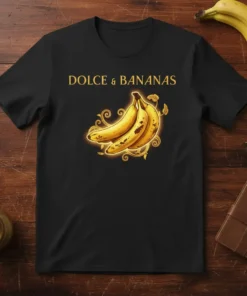 Dolce & Bananas text above a glowing bunch of bananas with ornate swirls on a black t-shirt