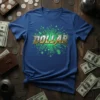 Blue t-shirt with the word DOLLAR in metallic gold and silver, set against a green digital circuit board graphic with