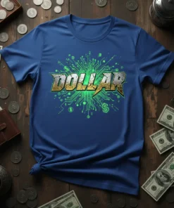 Blue t-shirt with the word DOLLAR in metallic gold and silver, set against a green digital circuit board graphic with