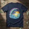 Dolphin wave rainbow t-shirt design with two dolphins jumping through ocean waves under a colorful rainbow and sunburst