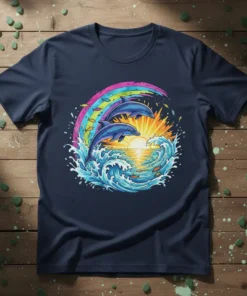 Dolphin wave rainbow t-shirt design with two dolphins jumping through ocean waves under a colorful rainbow and sunburst