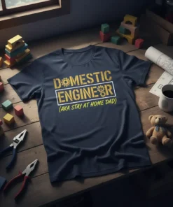 Navy t-shirt with "DOMESTIC ENGINEER (AKA STAY AT HOME DAD)" text in distressed gold and white font, featuring gear graphics