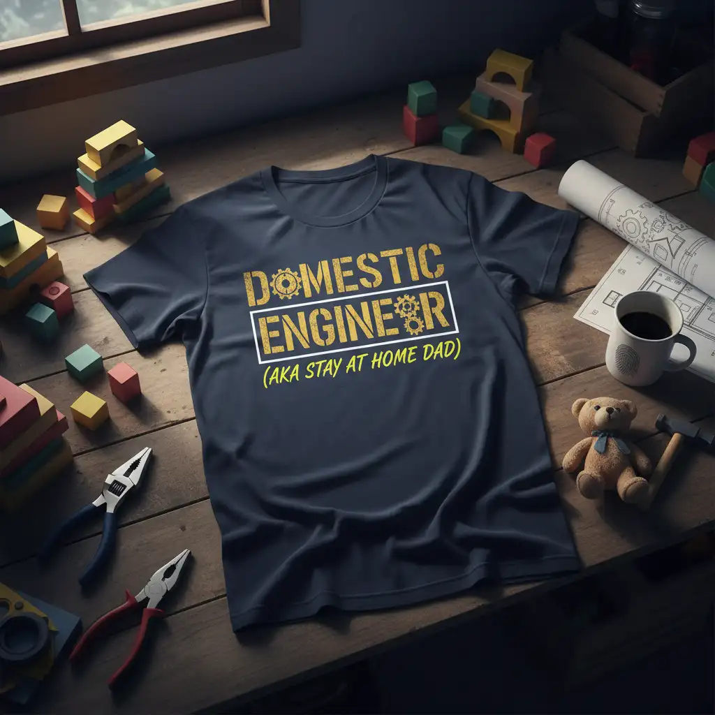 DOMESTIC ENGINEER (AKA STAY AT HOME DAD) quote on navy t-shirt with gear graphics and distressed texture